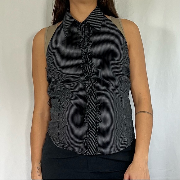 DCC Vintage Y2K Black Striped Sleeveless Halter Top - Picture 1 of 6